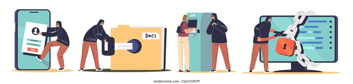 Cyber crimes set with hackers and burglars stealing personal data, banking credentials and information from smartphone, computer, atm machine for phishing. Cartoon flat vector illustration