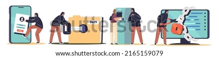 Cyber crimes set with hackers and burglars stealing personal data, banking credentials and information from smartphone, computer, atm machine for phishing. Cartoon flat vector illustration Foto d'archivio © 