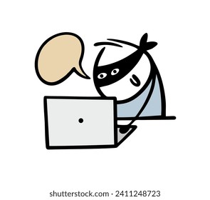 Cyber criminal in a black mask steals money and password online. Vector illustration of an attacker hacker hacked the website, downloaded the personal data of bank customers. Character isolated.