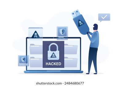 Cyber criminal, concept. Hacked laptop. Hacker anonymous holds usb flash disk with virus. Computer files after hacker attack. Network piracy danger. Ransomware, spam, malware. Flat vector illustration