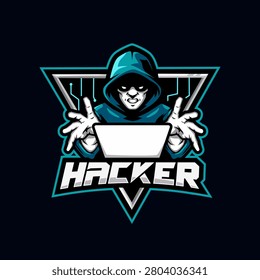 Cyber criminal hacker character wearing a hoodie with a laptop computer vector illustration, perfect for IT security, gaming team, and technology branding.