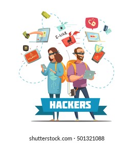 Cyber criminal hackers at work stealing  passwords information and bank account access retro cartoon poster vector illustration 