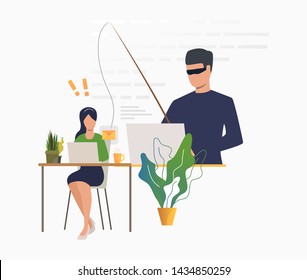 Cyber criminal hacking into email server. Burglar holding fishing tackle with hooked envelope. Cybercrime concept. Vector illustration can be used for hacker attack, data protection, phishing