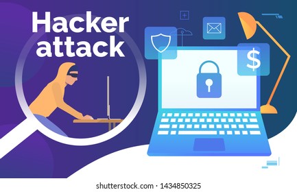 Cyber criminal hacking into laptop. Monitor with lock on screen, fire, money, email, shield signs. Data safety concept. Vector illustration can be used for hacker attack, cybercrime, security