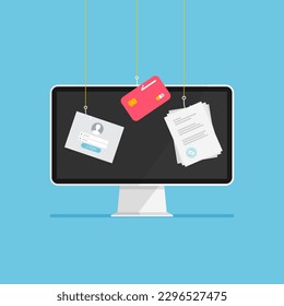Cyber criminal hacking user login. Process of stealing personal data, document, mail, credit card. Vector illustration isolated.