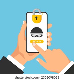 Cyber criminal hacking user login. Process of stealing personal info. Hand holds smartphone and sign in data account. Vector illustration isolated.