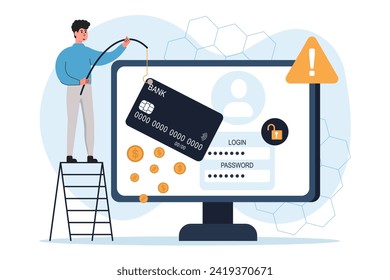 Cyber criminal phishing stealing private credentials, password, bank document and credit card. Cyber crime, hacker attack. Data protection concept. Vector illustrations.