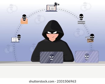 Cyber-Kriminalbeamter, der personenbezogene Daten von Laptop gestohlen und an ein anderes Gerät überträgt - Illustration zum Cyber-Verbrechen