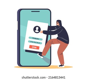 Cyber Criminal Stealing Personal Information From Smartphone. Hacker Steal Data From Mobile Phone Profile. Phishing Internet Activity Or Security Hacking Concept. Vector Illustration