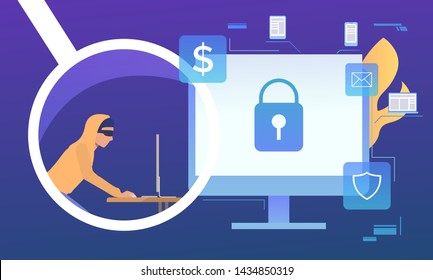 Cyber criminal working on computer on blue background. Monitor with lock on screen, fire, money, email, shield signs. Hacker attack concept. Vector illustration can be used for cybercrime or security