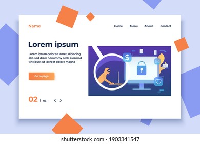 Ciber criminal trabajando en computadora de fondo azul. Monitor con bloqueo en pantalla, fuego, dinero, correo electrónico, señales de escudo. Concepto de ataque hacker. La ilustración vectorial puede utilizarse para delitos informáticos o seguridad