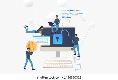 Cyber criminals hacking into bank account. Cartoon hackers opening lock, carrying password and money. Hacker attack concept. Vector illustration can be used for internet fraud, breach, money safety