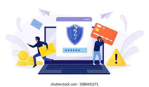 Cyber criminals hacking and stealing email and credit card data. Internet phishing attack. Hackers hacked into user bank account. Cybercrime. Hacker attack. Vector illustration