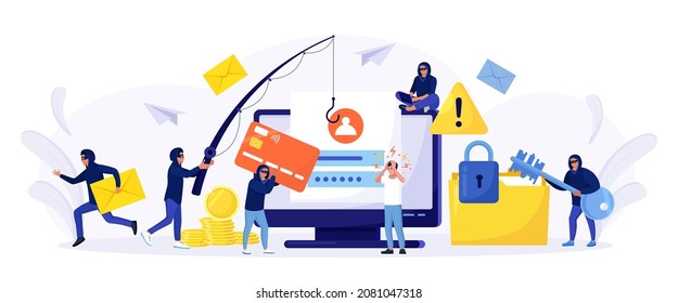 Cyber criminals phishing stealing private personal data, credentials, password, bank document and credit card. Tiny anonymous hackers attacking computer, hacking  email. Cyber crime, hacker attack