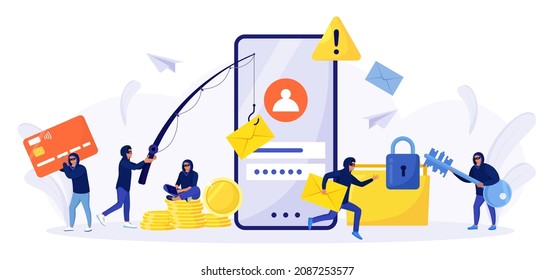 Cyber Criminals Phishing Stealing Private Personal Data, Credentials, Password, Bank Document And Credit Card. Tiny Anonymous Hackers Attacking Smartphone, Hacking  Email. Cyber Crime, Hacker Attack