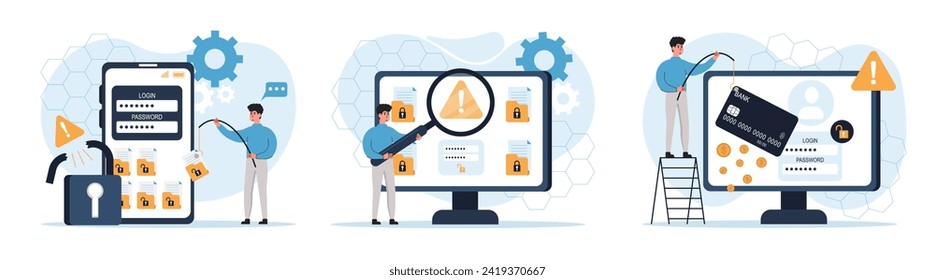  Ciberdelincuentes robando datos personales privados, credenciales, contraseña, documento bancario y tarjeta de crédito. Cibercrimen, ataque de hackers. Concepto de protección de datos. Ilustraciones vectoriales establecidas.