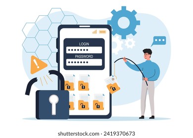 Cyber criminals phishing stealing private personal data, credentials, password, bank document and credit card. Cyber crime, hacker attack. Data protection concept. Vector illustrations.