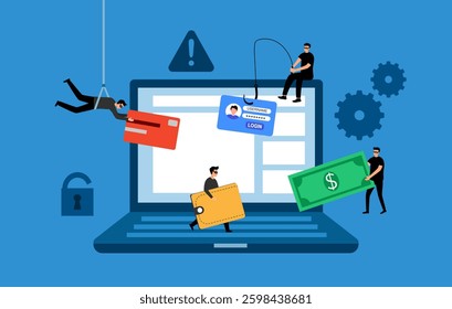 Cyber criminals phishing stealing private personal data, money, password, and credit card. Tiny hackers attacking computer in flat design.