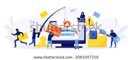 Cyber criminals phishing stealing private personal data, credentials, password, bank document and credit card. Tiny anonymous hackers attacking computer, hacking  email. Cyber crime, hacker attack