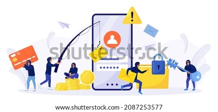 Cyber criminals phishing stealing private personal data, credentials, password, bank document and credit card. Tiny anonymous hackers attacking smartphone, hacking  email. Cyber crime, hacker attack