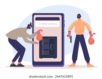 Cyber criminals, stealing money and data from smartphone of criminal cyber and crime data by hacker, money fraud online illustration