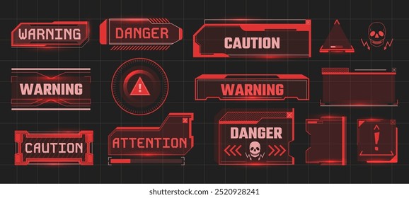 Cyber danger badges. Futuristic warning message, attention alert in digital tech frame and system caution with cyberpunk hud user interface vector UI set.