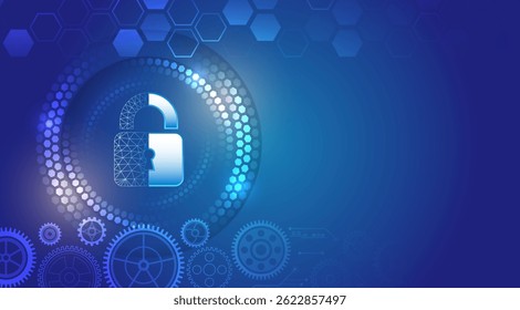 Cyber ​​security and data protection concept with glowing lock icon, hexagonal patterns and gears on blue technology background. Network security illustration.