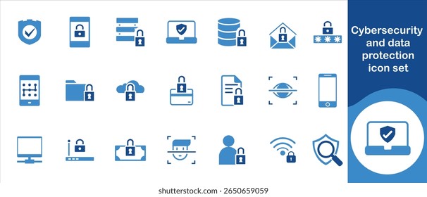  Cyber ​ ​Ícone de segurança e proteção de dados definido, assinar, seguro, e-mail, confidencial, aplicativo, desbloquear, verificar, fino, login, cadeado, estrutura de tópicos, design, eletrônico e muito mais 