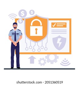 Cyber data protection online concept , Security guard standing and computer system.