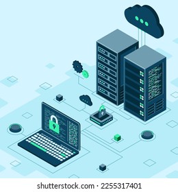 Cyber data security. Internet security isometric concept. Server room connected with laptop through protected hub. Computing internet digital technology. Vector illustration