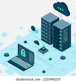 Cyber data security. Internet security isometric concept. Server room connected with laptop through protected hub. Computing internet digital technology. Vector illustration
