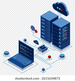 Cyber data security. Internet security isometric concept. Server room connected with laptop through protected hub. Computing internet digital technology. Isometric technology