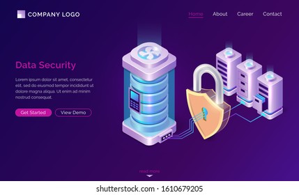 Cyber data security isometric landing page. Server room protected with shield padlock from outer access, computing internet digital technology, database protection. 3d vector illustration, web banner