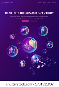 Página de inicio isométrica de seguridad de datos cibernéticos. Computación de tecnología digital de internet, protección de bases de datos de información. La gente realiza transacciones en efectivo dentro de burbujas transparentes, banner web de vector 3d