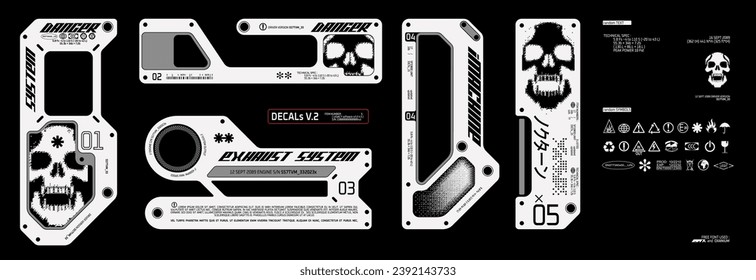 Cyber decal set. Futuristic decal, label, panel, sticker collection. high tech acid frame layout, etc. Japanese translation: "ノクターン for Nocturne".