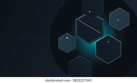 Cyber defense backdrop with layered frosted glass hexagons and rim lighting formatted for executive presentations. Teal, Gunmetal and White color theme.