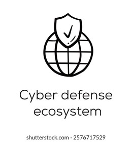 Cyber Defense Ecosystem Icon â€“ Globe with Shield Representing Global Cybersecurity Networks
