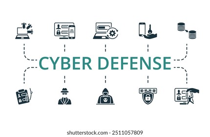 Conjunto de ícones do Cyber Defense. Coleção de ícones simples monocromáticos do Cyber Defense. Chave Digital, Pagamento De Segurança, Segurança De Rede, Criptografia De Dados, Vpn, Phishing, Incognito, Hacher, Segurança De Senha, Social