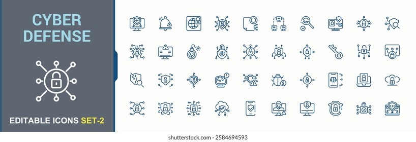 Cyber Defense icons. Featuring protect, lock, protection, digital, fingerprint, scan and more. Minimalistic icons.