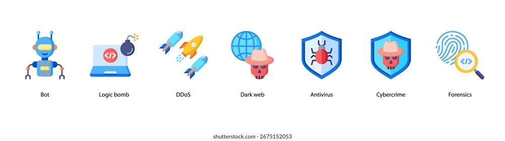 Ilustración de Anuncio de Web de herramientas de defensa cibernética con Bot, bomba lógica, DDoS, Web oscuro, antivirus, ciberdelito y análisis forense.