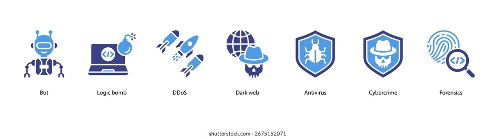 Ilustración de Anuncio de Web de herramientas de defensa cibernética con Bot, bomba lógica, DDoS, Web oscuro, antivirus, ciberdelito y análisis forense.