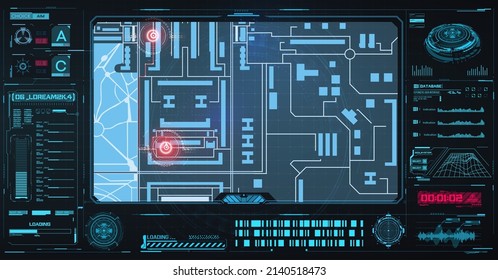 Cyber-Design, futuristische Sicherheits-Spyware-Schnittstelle. Dynamische moderne HUD. GPS-Orientierung der Straßenkarte der Straßen. GPS-Ortungsverfolgungssoftware oder Scansoftware. Vektorgrafik