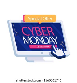 Cyber ​​monday, discount sale concept, online shopping and marketing concept. Vector illustration isolated on white background.