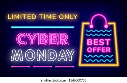 Cyber discounts on monday, best offer for people. Vector billboard illustration with caption. Lower price on products limited time only. Advertisement using board with neon signs like bag and letters