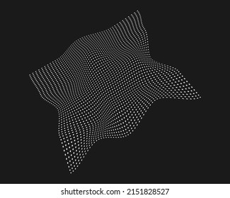 Cyber distorted grid from dots, retro punk design element. Wireframe wave geometry grid on black background. Vector illustration.