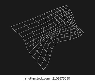 Cyber distorted grid, retro punk design element. Wireframe wave geometry grid in 80s style on black background. Vector illustration.