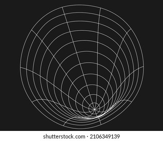 Cuadrícula distorsionada cibernética, elemento de diseño punk retro. Cuadrícula de geometría de onda de trama sobre fondo negro. Ilustración vectorial.