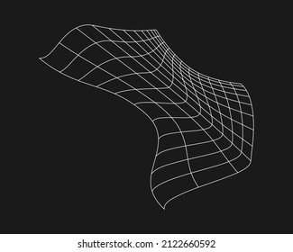 Cuadrícula distorsionada cibernética, elemento de diseño punk retro. Cuadrícula de geometría de onda de trama sobre fondo negro. Ilustración vectorial.