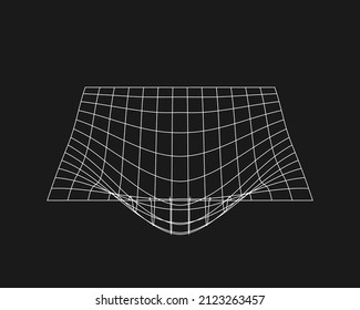 Cyber distorted grid, retro punk design element. Wireframe wave geometry grid on black background. Vector illustration.