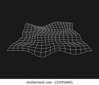 Cyber distorted grid, retro punk design element. Wireframe wave geometry grid on black background. Vector illustration.